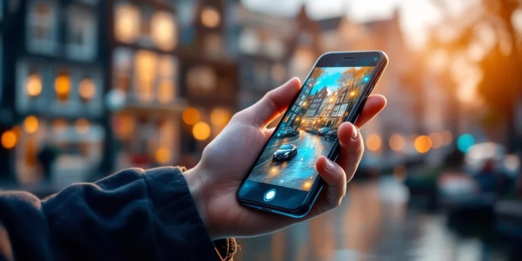 Smartphone met kleurrijke advertenties in hand, Amsterdamse grachtenhuizen op achtergrond, daglicht
