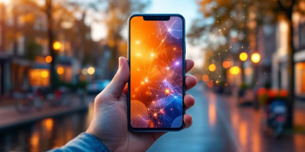 Smartphone met kleurrijke display advertenties zweeft boven Nederlandse grachtenhuizen met digitale data-elementen eromheen