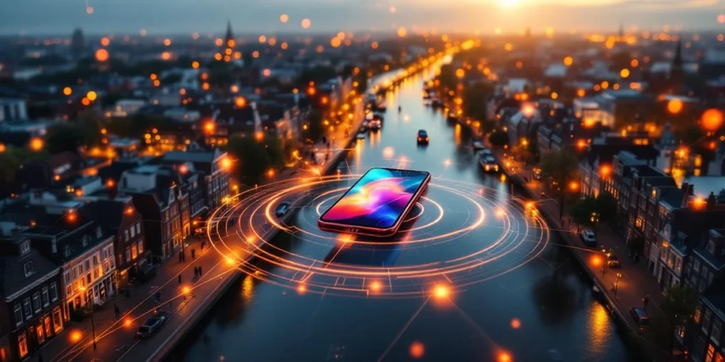 Luchtfoto Nederlandse stad met zwevende smartphones verbonden door digitale lijnen, toont locatiegebaseerde mobiele reclame