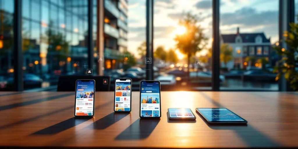 Smartphones en tablets met vacature-advertenties op houten bureau, moderne kantoorgebouw Amsterdam op achtergrond