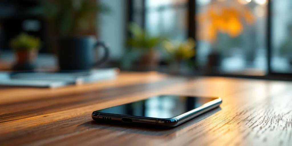 Smartphone met mobiele display advertenties op houten bureau in Nederlands kantoor met Amsterdam skyline op achtergrond