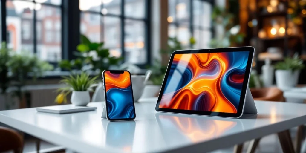 Smartphones en tablets met responsieve display advertenties op wit bureau in Nederlands kantoor met natuurlijk licht
