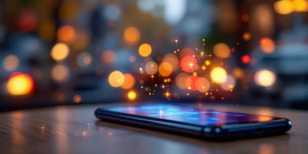 Smartphone op houten bureau toont kleurrijke data-visualisaties en targeting-grafieken met holografische elementen