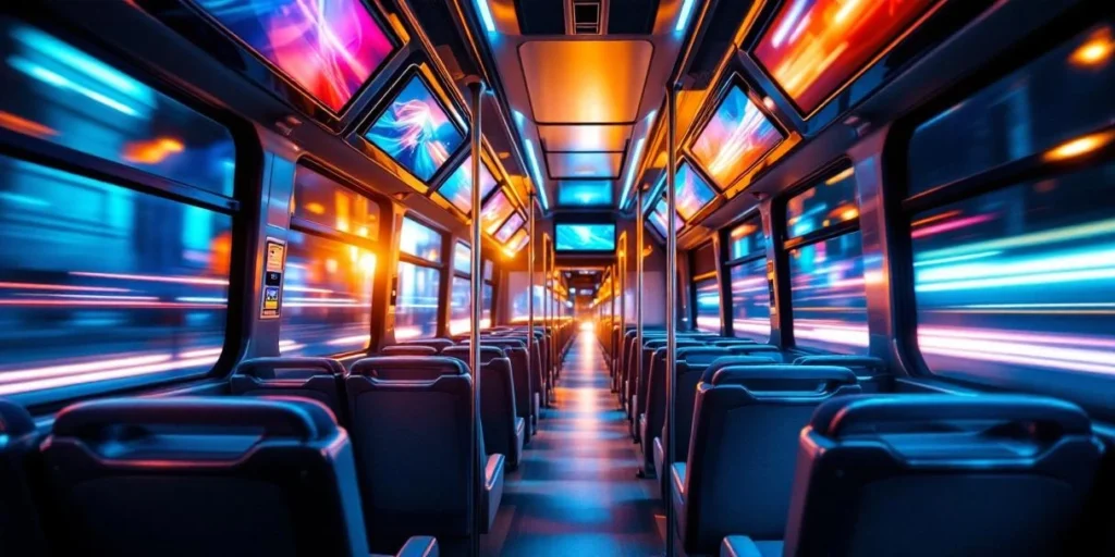 Moderne businterieur met grote digitale reclameschermen die blauw en oranje licht uitstralen, lege stoelen, bewegende stadslichten