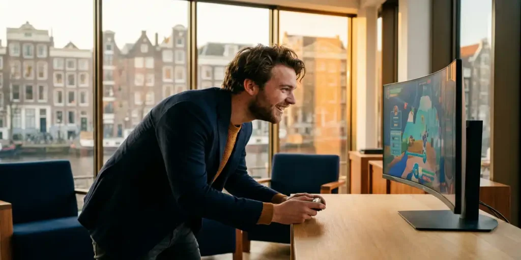 Jonge Nederlandse professional speelt interactieve branded game op groot scherm, Amsterdamse grachten zichtbaar op de achtergrond.