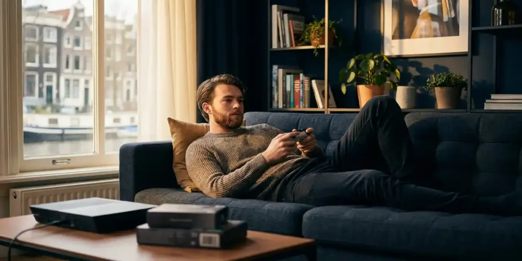 Jonge Nederlandse man speelt console games op moderne bank in gezellig Amsterdams appartement met kanaallicht door het raam.