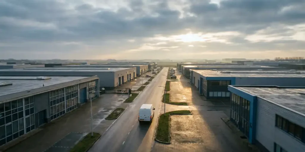Nederlands industrieel bedrijventerrein met moderne loodsen en kantoorpanden, bezorgbus rijdt door de laan onder bewolkte lucht.