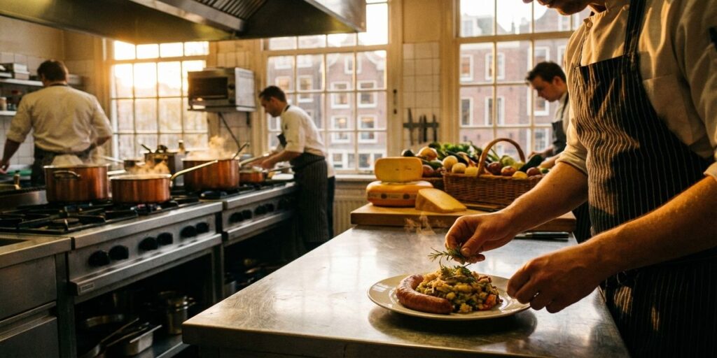 Chef bereidt traditionele Nederlandse gerechten in drukke restaurantkeuken met verse lokale ingrediënten en koperen pannen