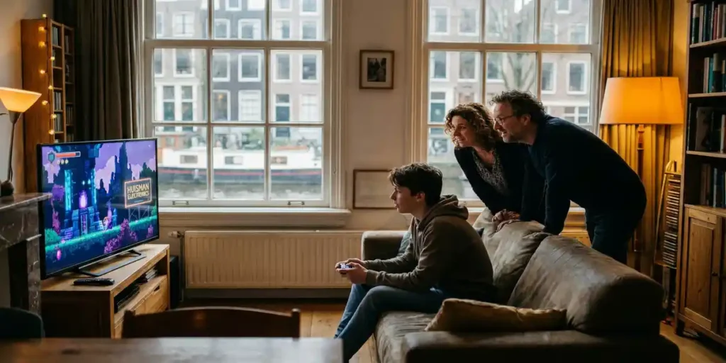 Nederlandstalig gezin in Amsterdamse woonkamer kijkt naar tiener die videogame speelt met reclame-billboard in spelwereld.