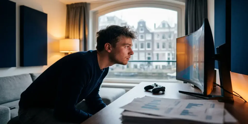 Jonge Nederlandse professional geconcentreerd achter een gaming monitor in een Amsterdams appartement met uitzicht op een gracht.