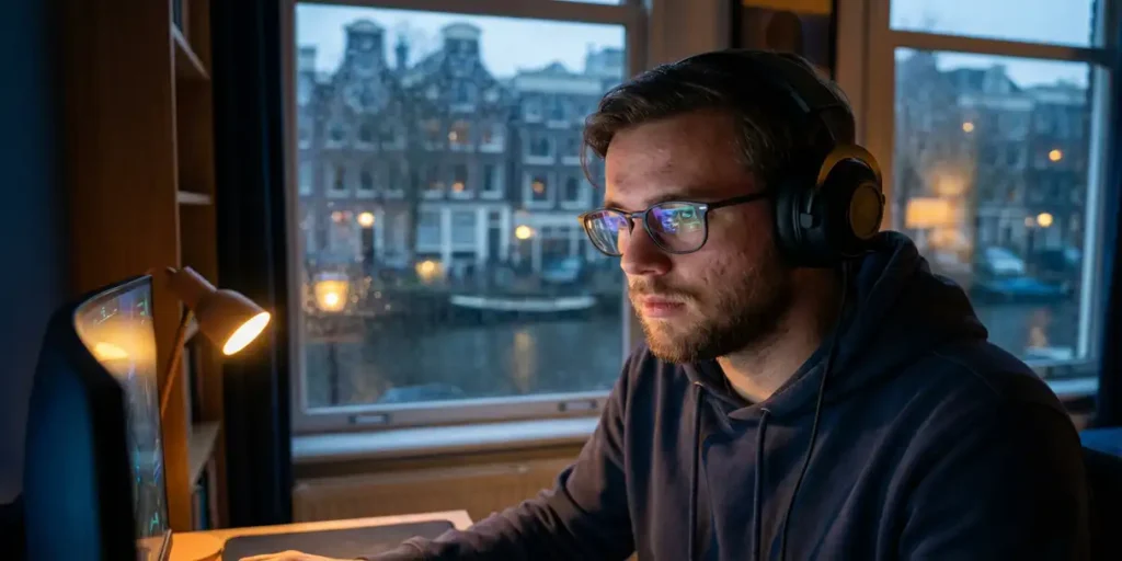 Jonge Nederlandse gamer met koptelefoon voor gloeiend beeldscherm, Amsterdams grachtenzicht zichtbaar door regenachtige ramen op de achtergrond.