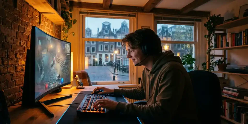 Jonge Nederlandse gamer achter een pc-setup met RGB-toetsenbord, Amsterdamse grachtenhuizen zichtbaar door een regenachtig raam.