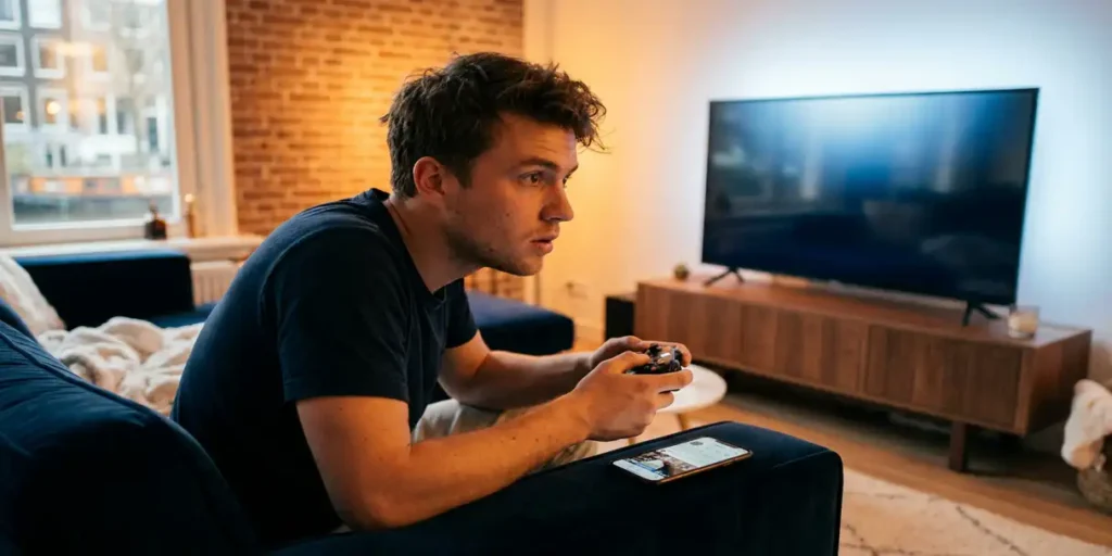 Nederlander speelt console in Amsterdams appartement met grachtenhuisraam op de achtergrond, smartphone op armleuning.