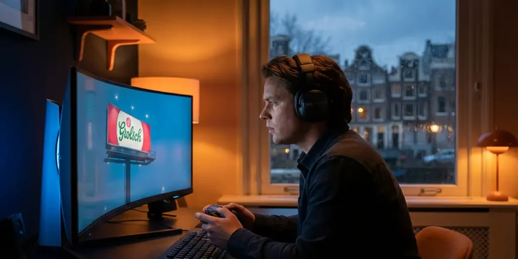 Nederlandse gamer achter curved monitor met levendig in-game scherm, Amsterdamse grachtenpanden zichtbaar door regenachtig raam, warm amberkleurig licht.