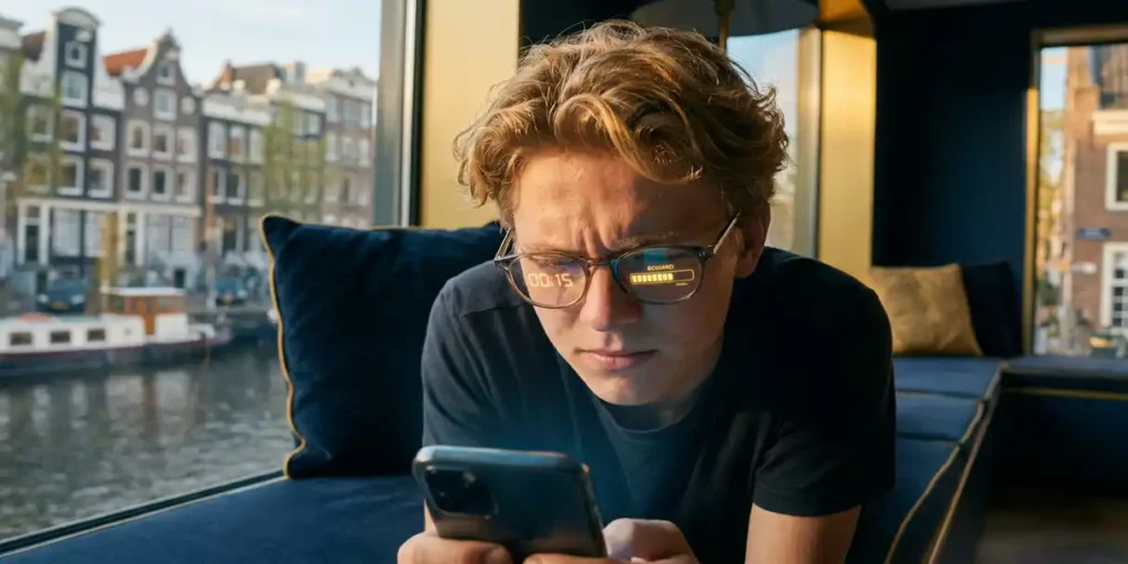 Jonge Nederlandse gamer gefocust op smartphone met in-game UI-reflecties in bril, warm middaglicht bij Amsterdams grachtenpand.