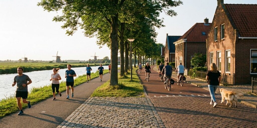 Diverse groep mensen joggen en fietsen langs Nederlandse gracht met traditionele huizen en windmolens op achtergrond