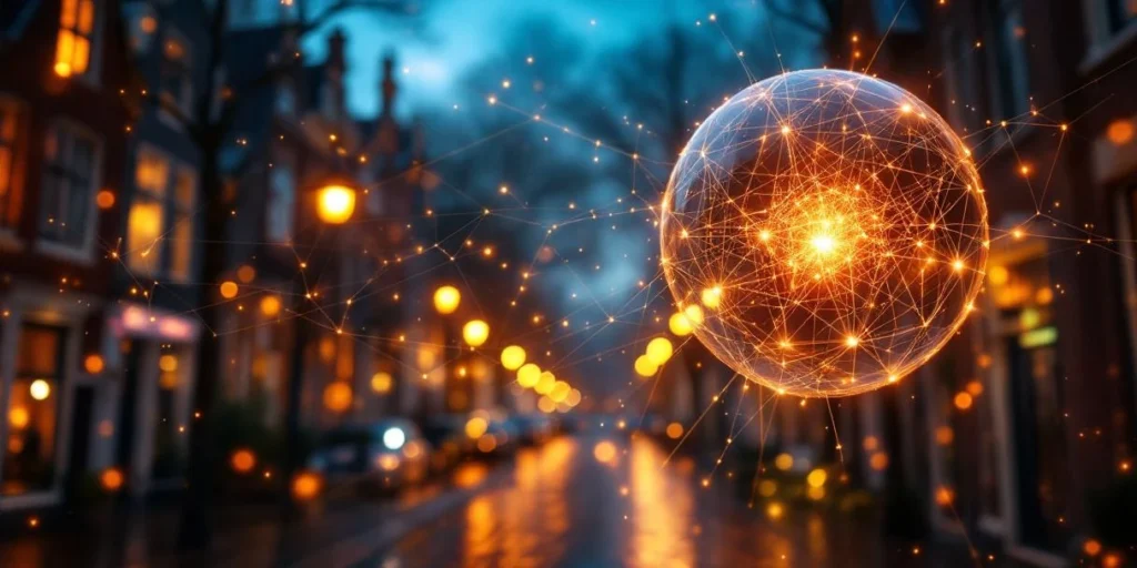 Gigantische transparante gloeilamp met digitaal netwerk zweeft boven Nederlandse grachtenpanden in warme gouden verlichting.