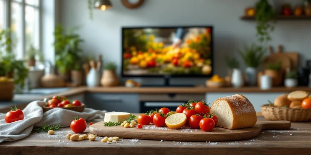 Nederlandse keuken met verse ingrediënten op houten snijplank en moderne smart TV met voedselcommercial op achtergrond