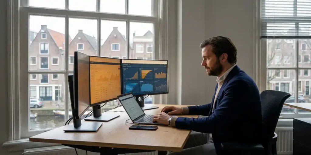 Nederlandse marketeer analyseert meerdere schermen in een Amsterdams grachtenpand kantoor met uitzicht op daklijnen.