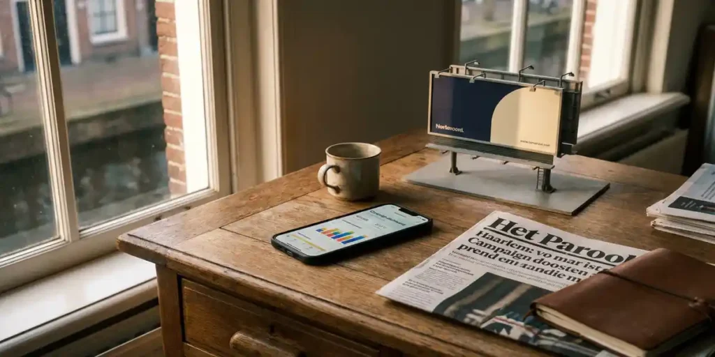 Eiken bureau in Haarlems grachtenpand met smartphone met campagnedashboard, gevouwen krant en miniatuur billboard, in warm middaglicht.