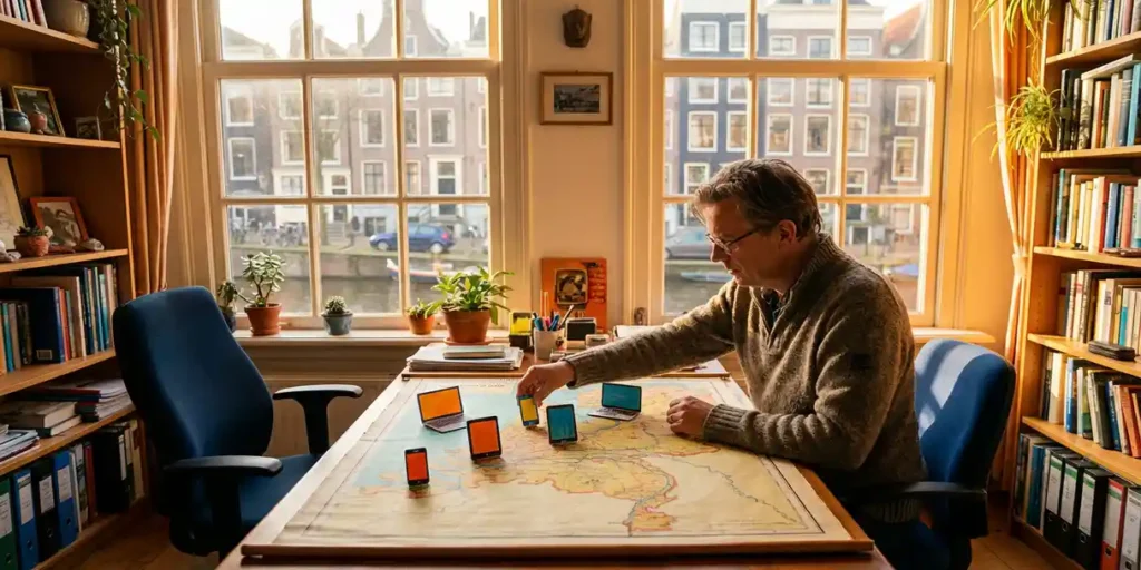 Nederlandse ondernemer arrangeert kleurrijke digitale apparaat-uitsnedes op gedetailleerde kaart van Nederland in gezellig Amsterdams grachtenpand kantoor