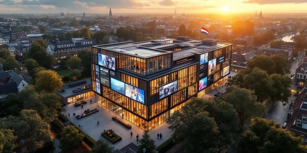 Modern Nederlands overheidsgebouw met glazen gevel en LED-displays, omringd door traditionele grachtenhuizen tijdens gouden uur