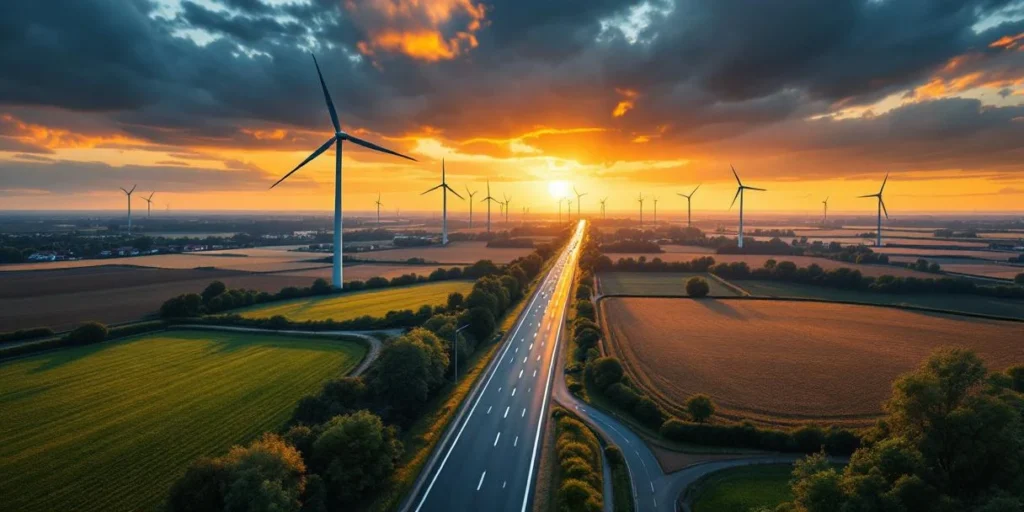 Luchtfoto Nederlandse polder met wegen van dorp naar stad, windmolens, digitale billboards en gouden zonsondergang