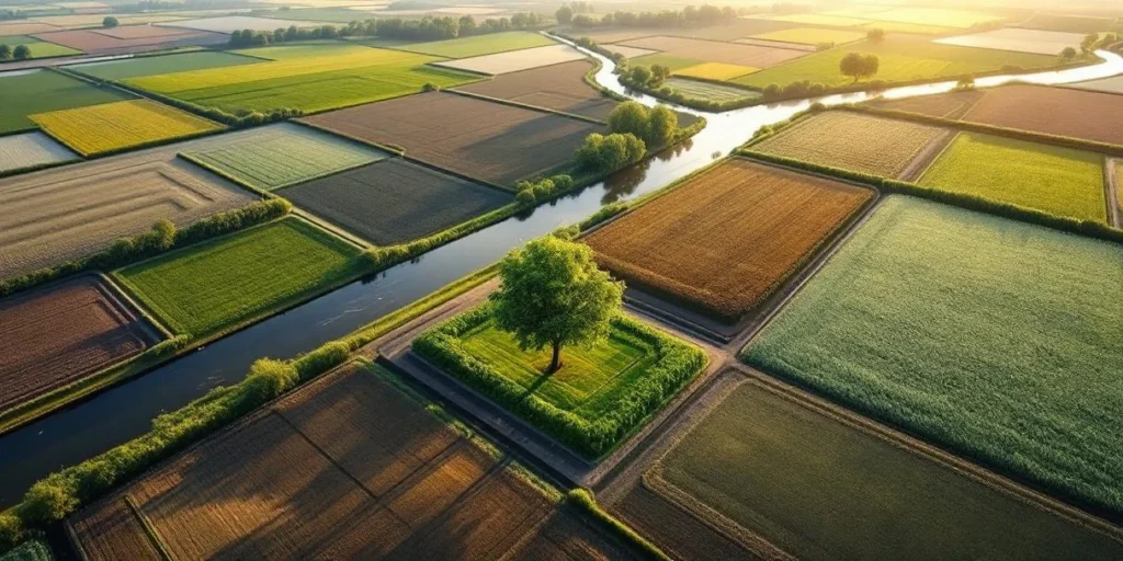 Luchtfoto Nederlandse polders met geometrische groene velden, kanalen en centrale eikenboom in gouden ochtendlicht