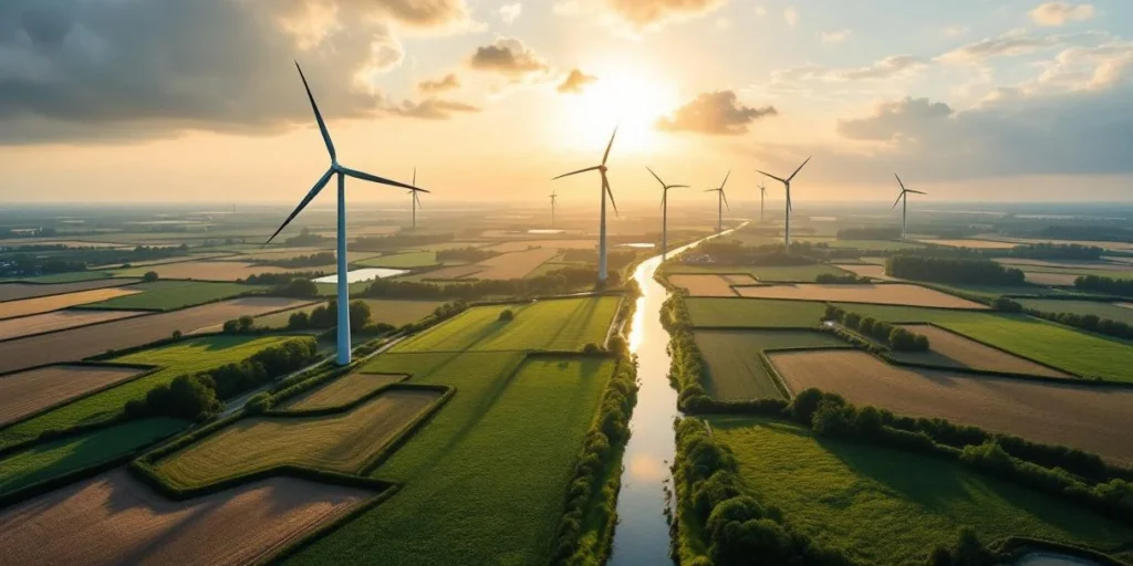 Luchtfoto Nederlandse polders met geometrische landbouwvelden, windmolens en traditionele boerderijen in gouden zonlicht