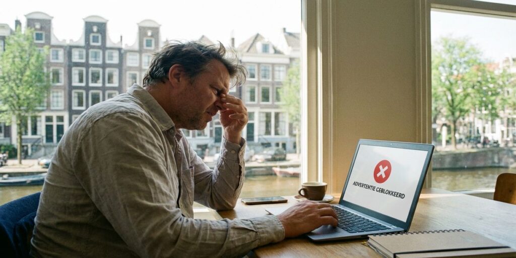 Nederlandse professional kijkt gefrustreerd naar laptop met geblokkeerde advertentie in helder Amsterdams kantoor