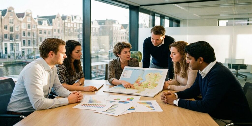 Nederlandse professionals bespreken demografische data rond conferentietafel in Amsterdams kantoor met grachtenpanden op achtergrond
