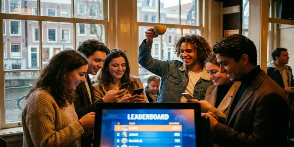 Jonge Nederlandse professionals rond een gloeiend scorebord in Amsterdams café, één persoon heft triomfantelijk een koffiekopje, bakstenen muren en grachtramen op achtergrond.