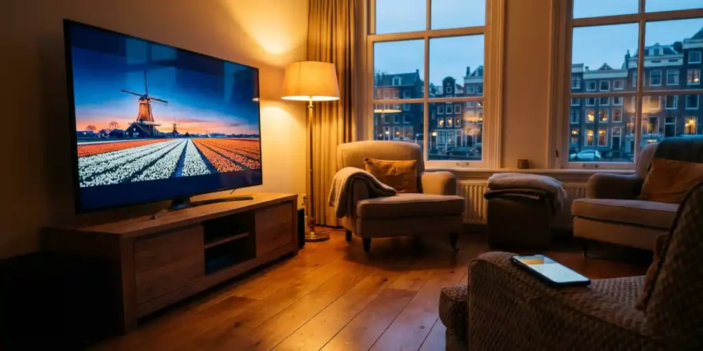 Grote flatscreen-tv met Nederlandse commercial in gezellige woonkamer met hardhouten vloer, gloeiende smartphone op armleuning en kanaalachtig raam op de achtergrond.