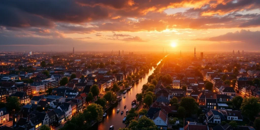 Luchtfoto Nederlandse stad met grachten waar gouden lichtstralen uitstralen naar digitale apparaten en billboards