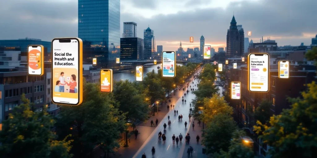 Luchtfoto van Amsterdam met zwevende smartphones die sociale impact campagnes tonen boven karakteristieke grachten
