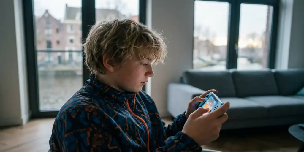 Nederlandse tiener speelt op handheld gameconsole in modern Amsterdams appartement met kanaallicht door grote ramen.