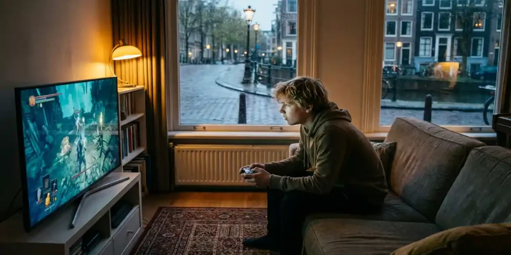 Nederlandse tiener speelt videogames op de bank met controller, blauw schermgloed en regenachtig Amsterdams grachtenraam op de achtergrond.