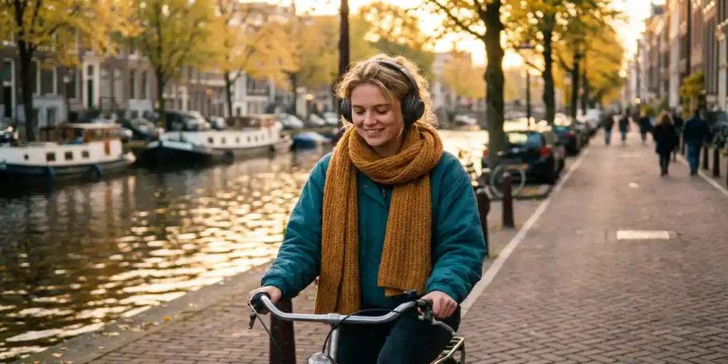 Jonge vrouw met draadloze koptelefoon fietst langs Amsterdams gracht, herfstbomen en gouden middaglicht op het water.
