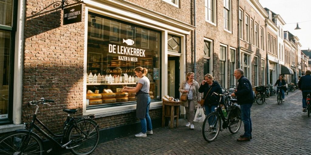 Winkeleigenaar schikt etalage in traditionele Nederlandse winkelstraat met bakstenen gevels en geparkeerde fietsen