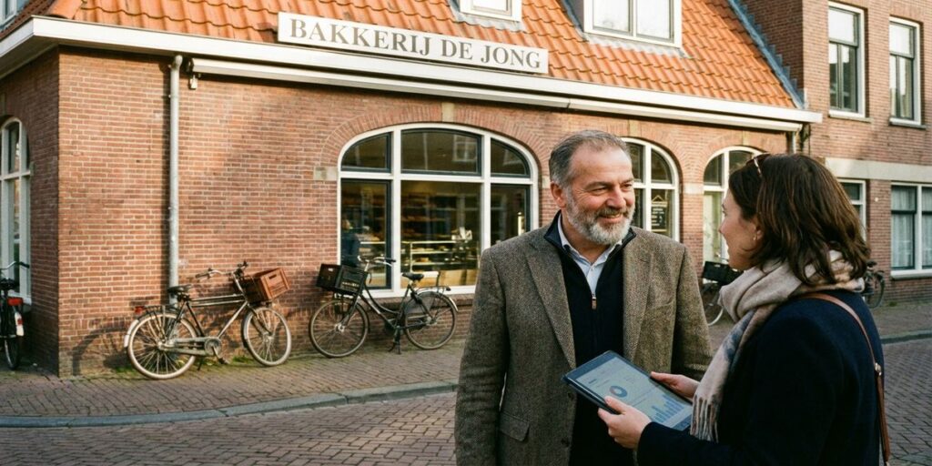 Nederlandse winkeleigenaar begroet klant hartelijk voor traditionele Amsterdamse winkel met tablet in hand