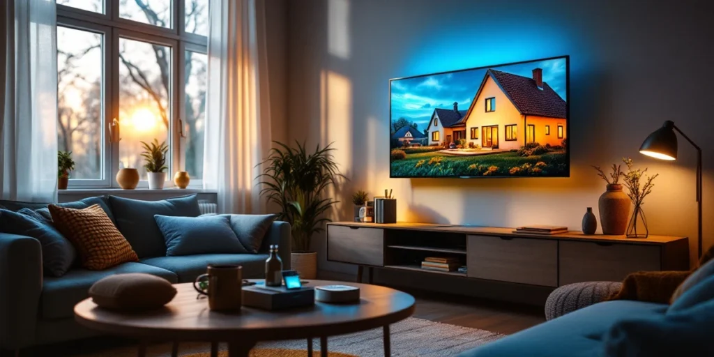 Moderne Nederlandse woonkamer met smart TV die e-commerce advertentie toont, tablet en productverpakkingen op salontafel
