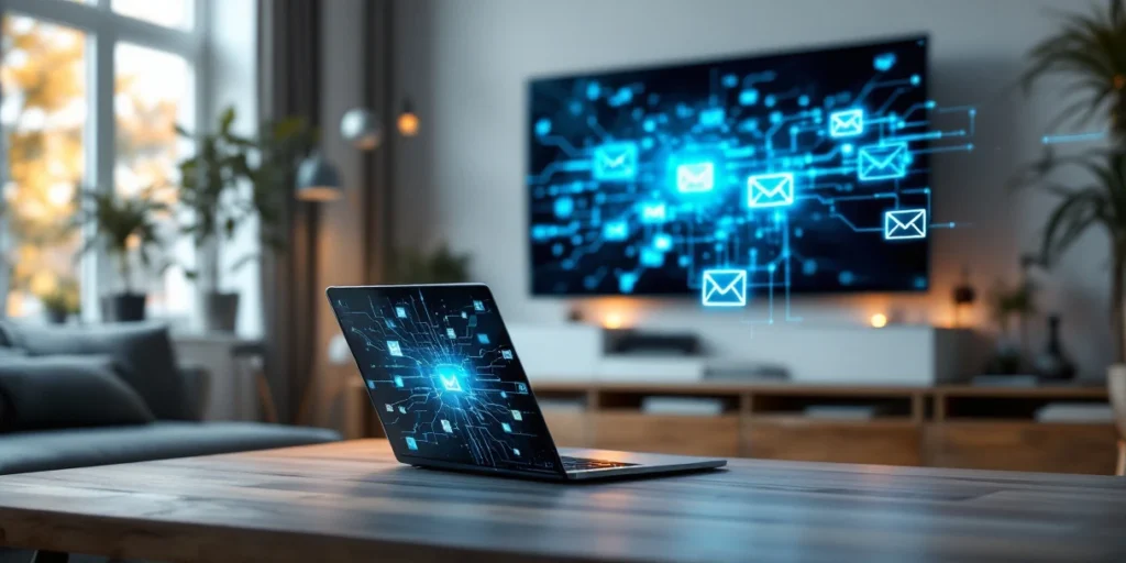Moderne Nederlandse woonkamer met smart TV en laptop die digitale verbindingen tonen via netwerkpatronen en email-iconen