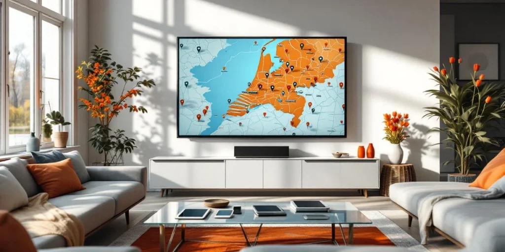 Moderne Nederlandse woonkamer met smart TV die interactieve Nederland-kaart toont, tablets en tulpen op salontafel