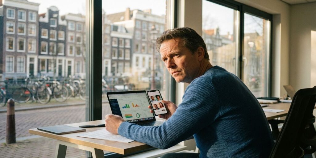 Nederlandse ondernemer bekijkt marketinganalyses op laptop in modern Amsterdams kantoor met grachtenhuizen op achtergrond