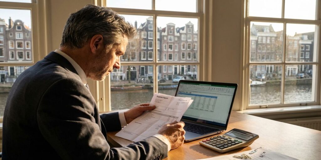 Nederlandse zakenvrouw bekijkt financiële documenten aan bureau met laptop en rekenmachine, Amsterdamse grachten op achtergrond