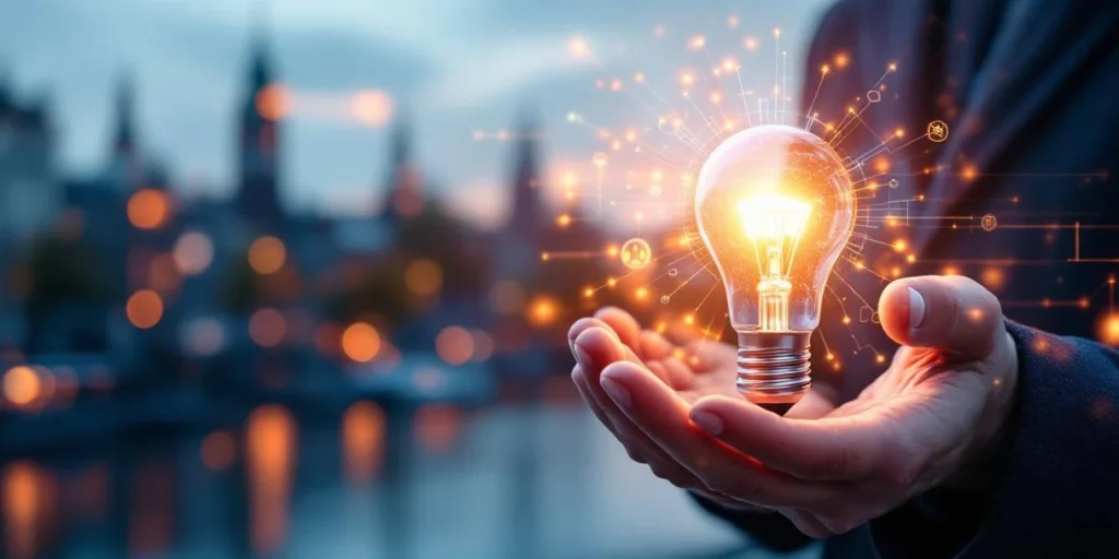 Nederlandse zakenman houdt gloeiende lamp vast met Amsterdam skyline op achtergrond, digitale netwerklijnen in blauw