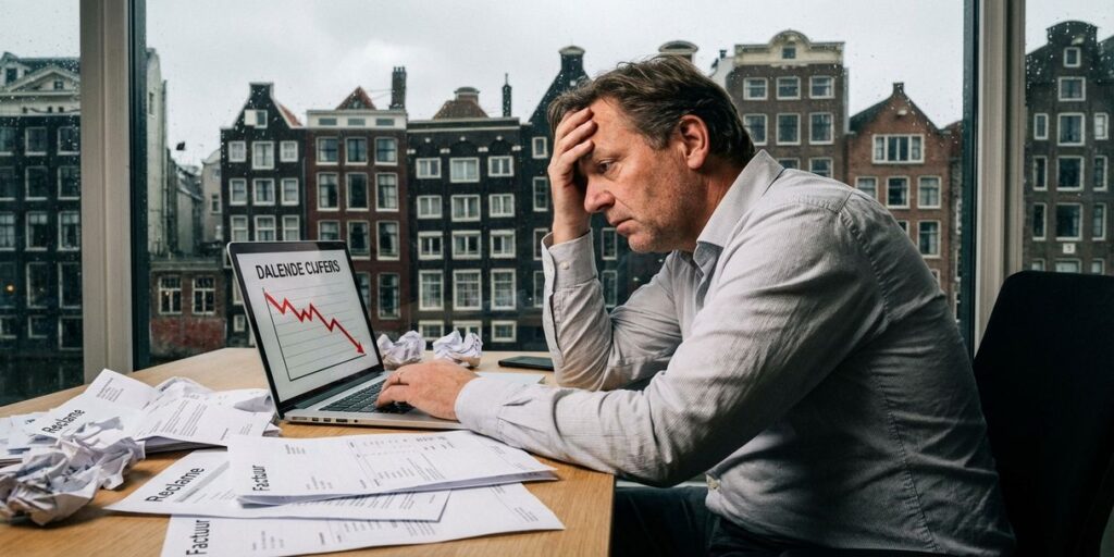 Gefrustreerde Nederlandse zakenman kijkt naar dalende grafieken op laptop in Amsterdams kantoor met grachtenhuizen op achtergrond