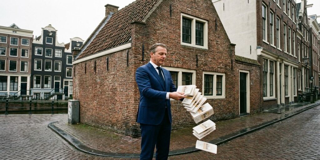 Nederlandse zakenman in marineblauw pak houdt marketingbrochures vast voor klassiek Amsterdams grachtenpand met rode bakstenen
