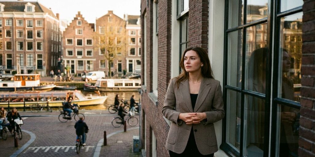 Nederlandse zakenvrouw kijkt peinzend uit raam naar Amsterdamse grachtenhuizen met fietsers en voetgangers op straat