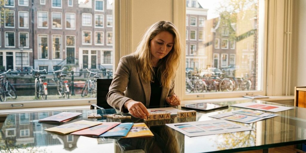 Professionele Nederlandse zakenvrouw rangschikt houten letterblokken met merknamen op glazen bureau in Amsterdam kantoor